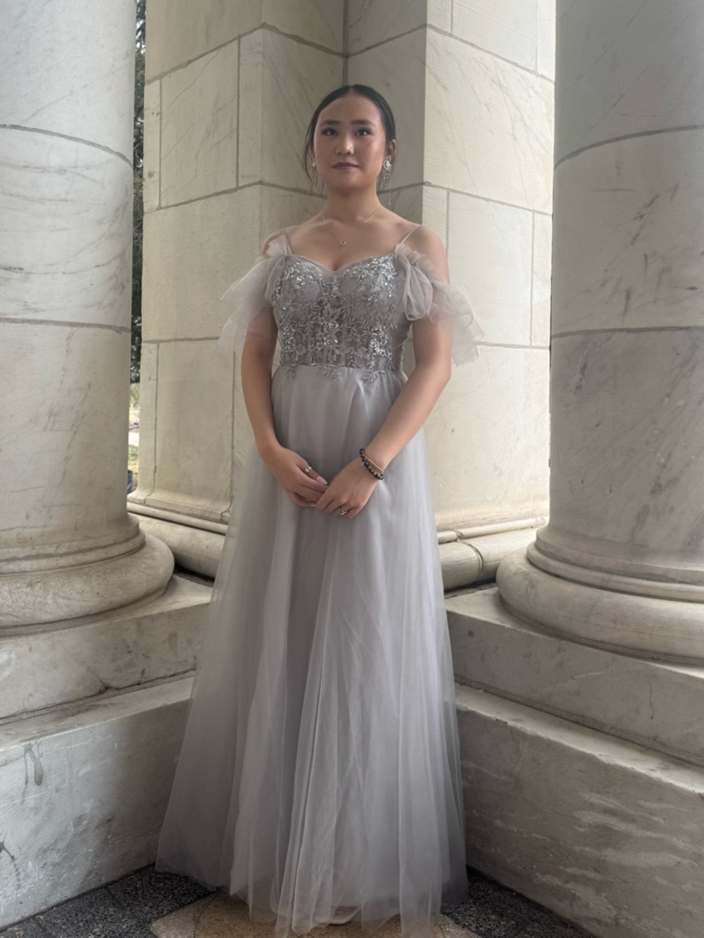 Off-Shoulder Sparkly Silver Gown